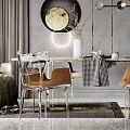 Modern Dining Table Set With Transparent Brown Chairs Glass Ball Pendant Lights Gray Striped Wall