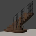 Wooden Staircase With Black Iron Railing And Decorative Ornate Details On White Wall Background