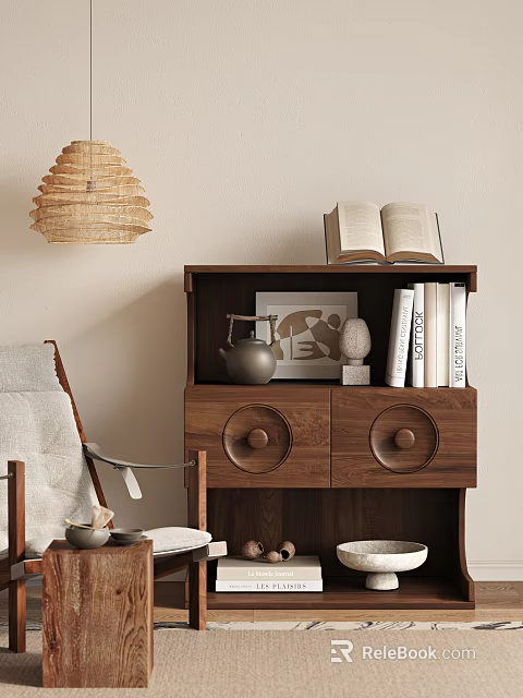 Wooden Console Cabinet With Open Book Teapot Decorative Painting Books And Woven Pendant Light 3d model 