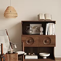 Wooden Console Cabinet With Open Book Teapot Decorative Painting Books And Woven Pendant Light