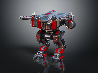 Mechanical Robot Character With Red Silver Armor Arm Cannons And Reflective Surface 3d model