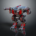 Mechanical Robot Character With Red Silver Armor Arm Cannons And Reflective Surface 3d model
