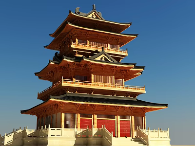 Buddha Pavilion Ancient Tower Tang-style Ancient Building Wooden Green Grey Tile Three-layer 3d model