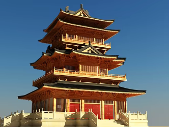 Buddha Pavilion Ancient Tower Tang-style Ancient Building Wooden Green Grey Tile Three-layer 3d model