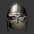 Medieval Style Metallic Helmet With Decorative Face Visor And Neck Guard Design Details