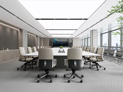 Modern Conference Room Interior With Long Table Office Chairs Large Windows And City View 3d model