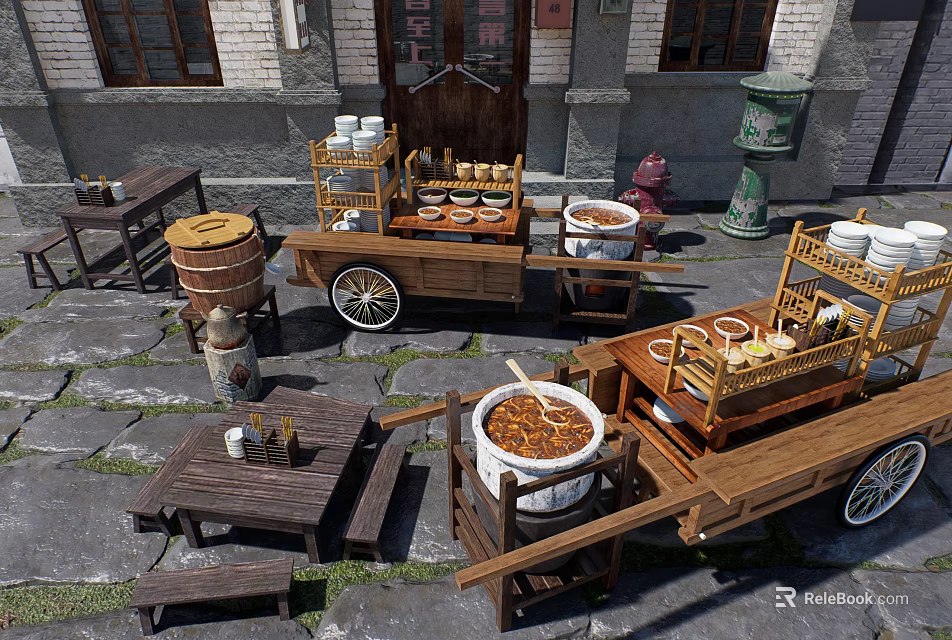 Traditional Public Street Food Carts With Stone Tables And Fire Hydrant In Urban Area 3d model 