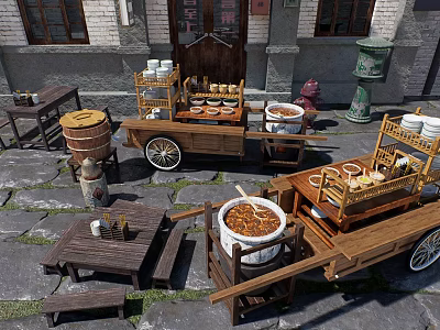 Traditional Public Street Food Carts With Stone Tables And Fire Hydrant In Urban Area 3d model