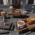 Traditional Public Street Food Carts With Stone Tables And Fire Hydrant In Urban Area