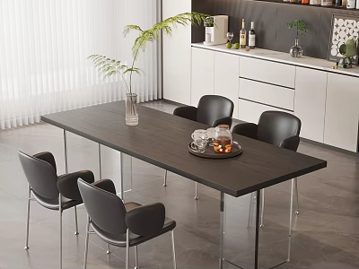 Modern Dining Table Set With Black Chairs Wooden Top Metal Legs Vase And Tray 3d model
