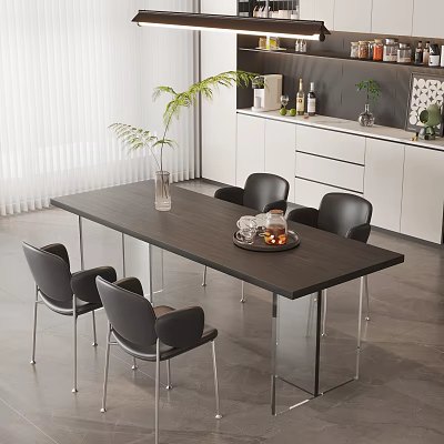 Modern Dining Table Set With Black Chairs Wooden Top Metal Legs Vase And Tray 3d model