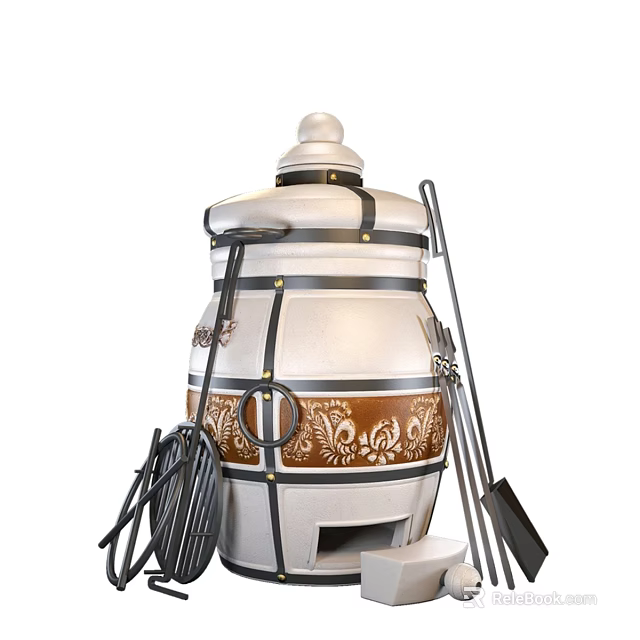 Traditional Ceramic Cooking Pot With Decorative Patterns And Metal Bands And Cooking Utensils 3d model 