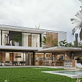 Modern Luxe Villa Exterior With White Walls Wooden Shutters Stone Wall Greenery And Car