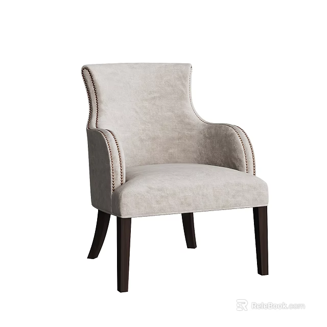 Modern Light Gray Fabric Dining Chair with Armrests Rivet Trim and Dark Wooden Legs 3d model 