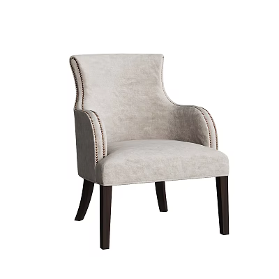 Modern Light Gray Fabric Dining Chair with Armrests Rivet Trim and Dark Wooden Legs 3d model
