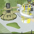 Natural Themed Outdoor Children Playground With Large Spiral Slide Surrounded By Lush Green Trees