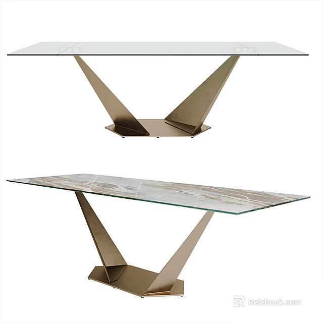 Modern Dining Table With Glass Top And Geometric Metal Base Design 3d model 