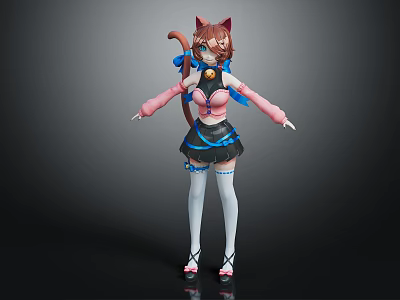 Cute Cat Ear Girl Character With Pink Outfit Black Skirt And White Stockings 3d model