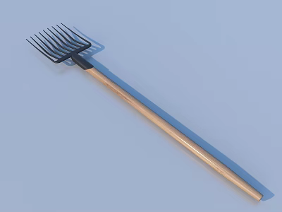 Practical Household Rake with Black Tines and Wooden Handle on Blue Background 3d model
