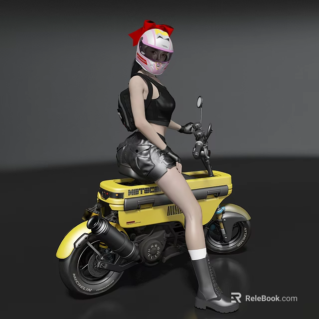Woman in Black Top and Leather Shorts Sitting on Yellow Motorcycle with Helmet 3d model 
