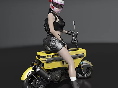 Woman in Black Top and Leather Shorts Sitting on Yellow Motorcycle with Helmet 3d model