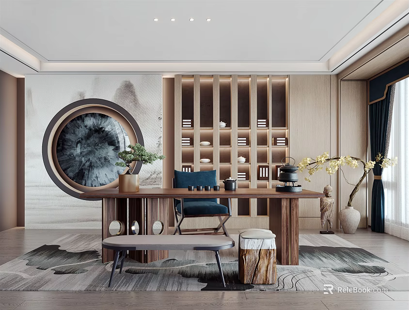 Traditional Chinese Tea Room Interior With Wooden Table Bookshelves Round Decorative Painting And Green Plants 3d model 