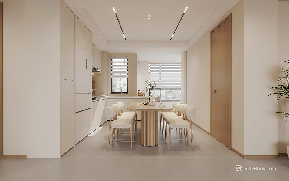 Modern Open Dining Area Interior With Wooden Table And Light Colored Chairs 3d model