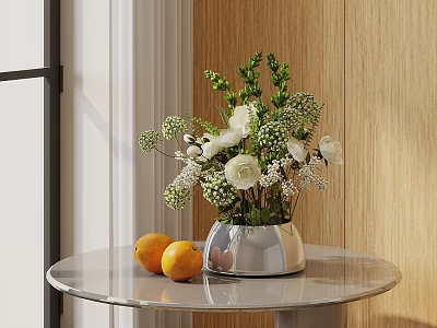 Silver Vase With White Flowers Green Branches On Marble Table Oranges Wooden Wall And Window 3d model