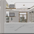 Bright Shop Front Desk with Marble Counter White Gold Decor Chandelier and Product Shelves