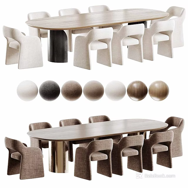Modern Round And Oval Dining Tables With Matching Chairs And Neutral Color Swatches 3d model 