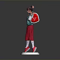 Woman In Green Jacket And Red Skirt Posing On White Platform Against Gray Background