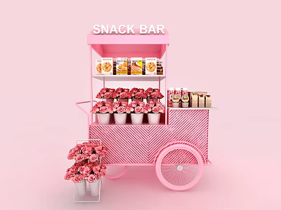 Pink Snack Bar Cart With Snacks Display Flowers And Flower Vase 3d model