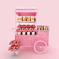 Pink Snack Bar Cart With Snacks Display Flowers And Flower Vase