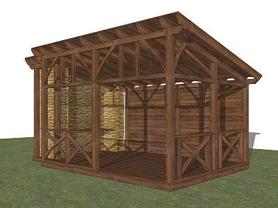 Wooden Pavilion Outdoor Structure With Wooden Roof Columns Stone Wall And Green Grass 3d model