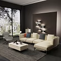 Modern Beige L-shaped Sofa and Coffee Table Set with Throw Pillows and Wall Sconces 3d model