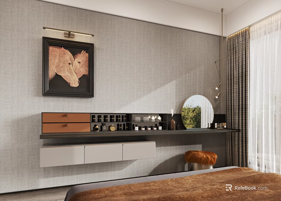 Dressing Table Gray Wall With Two Horses Painting Drawers Wine Rack Mirror Orange Chair Curtain 3d model 
