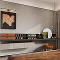 Dressing Table Gray Wall With Two Horses Painting Drawers Wine Rack Mirror Orange Chair Curtain