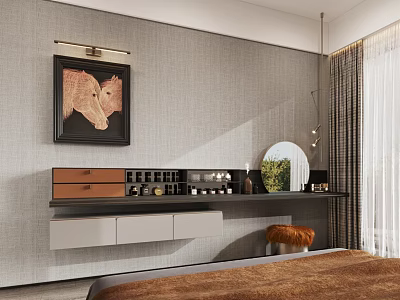 Dressing Table Gray Wall With Two Horses Painting Drawers Wine Rack Mirror Orange Chair Curtain 3d model
