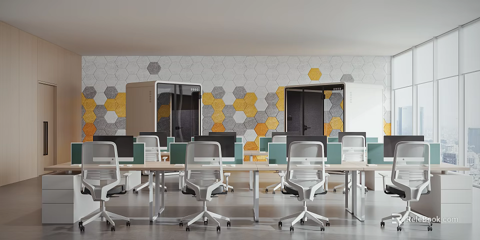 Modern Public Office Space Interior With Hexagonal Wall Pattern Desks And Office Chairs 3d model