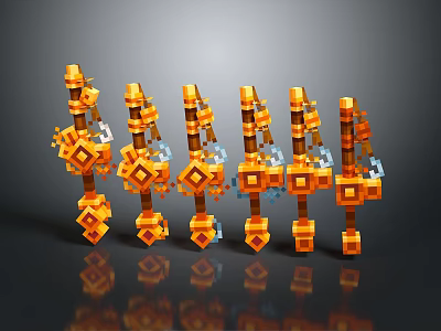 Pixel Style Orange Game Weapons Hammer Axe with Blue Details Arranged on Gray Gradient Background 3d model