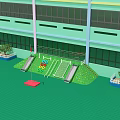 Green Kindergarten Building With Outdoor Playground Slides Colorful Rings Grass Lawn And Red Flag