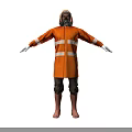 Game Movie Character In Orange Hooded Coat With Gas Mask And Reflective Stripes