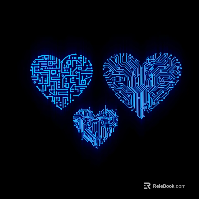 Blue Circuit Board Heart Shapes with Intricate Patterns on Black Background 3d model 