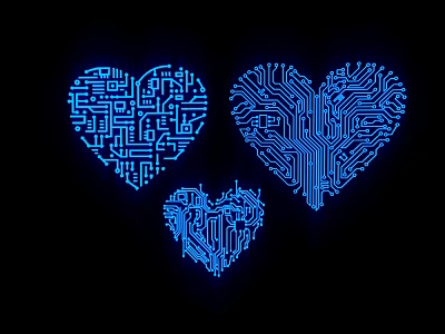Blue Circuit Board Heart Shapes with Intricate Patterns on Black Background 3d model