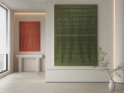 Red and Green Abstract Paintings with Grid Design in Modern Interior Wall Decor 3d model