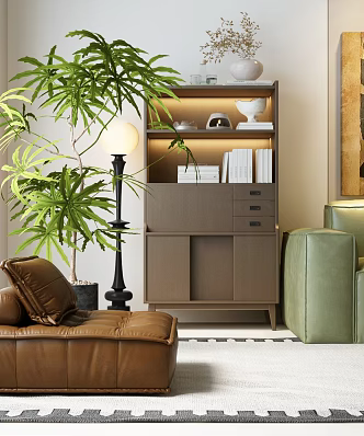 Modern Middle Ancient Style Bookcase Open Bookcase Middle Ancient Leisure Sofa Middle Ancient Floor Lamp Plant 3d model