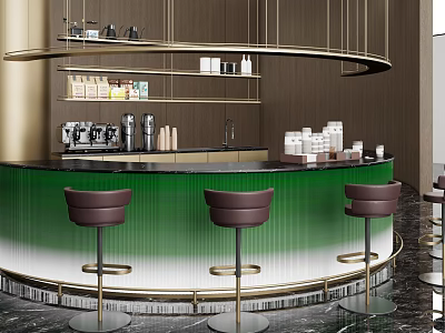 Green Gradient Bar Counter With Brown Stools Wooden Wall Shelves And Coffee Machine 3d model