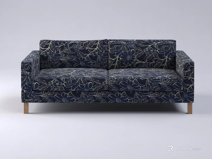 Modern Two-Seater Sofa with Blue Floral Pattern and Wooden Legs 3d model