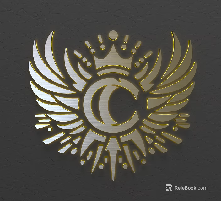 Golden Wall Decor With Winged Crown And Central C Emblem Design 3d model 