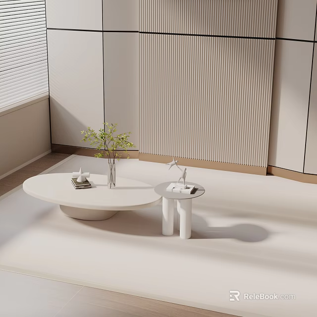 Minimalist Living Room White Coffee Table Set With Oval And Small Tables Green Plant Decorations 3d model 